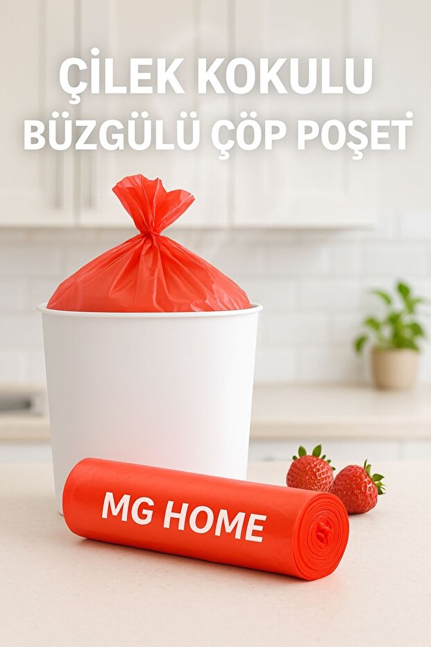 5 Paket 5x10 Büzgülü Çöp Poşeti BÜYÜK 65X70 60 LT Büzgülü Çöp Torbası ÇİLEK Kokulu Çöp Poşeti - 1