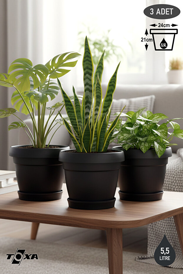 3 Adet 5,5 Litre Mono Saksı Seti Tabaklı Drenaj Delikli Plastik Çiçek Saksısı Set - 1