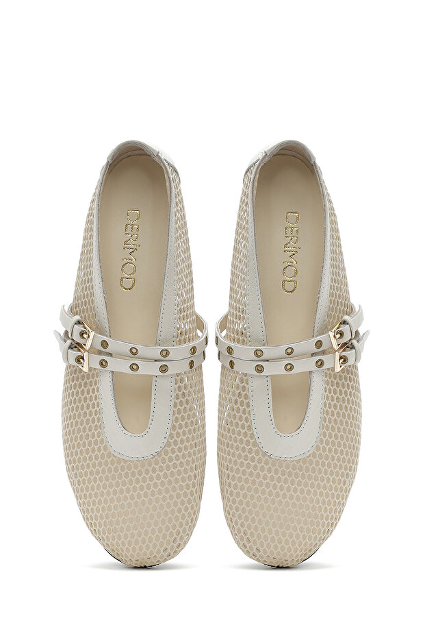 Kadın Bej Tokalı File Kumaş Babet, Yazlık Ayakkabı 25SFD18136F - 7