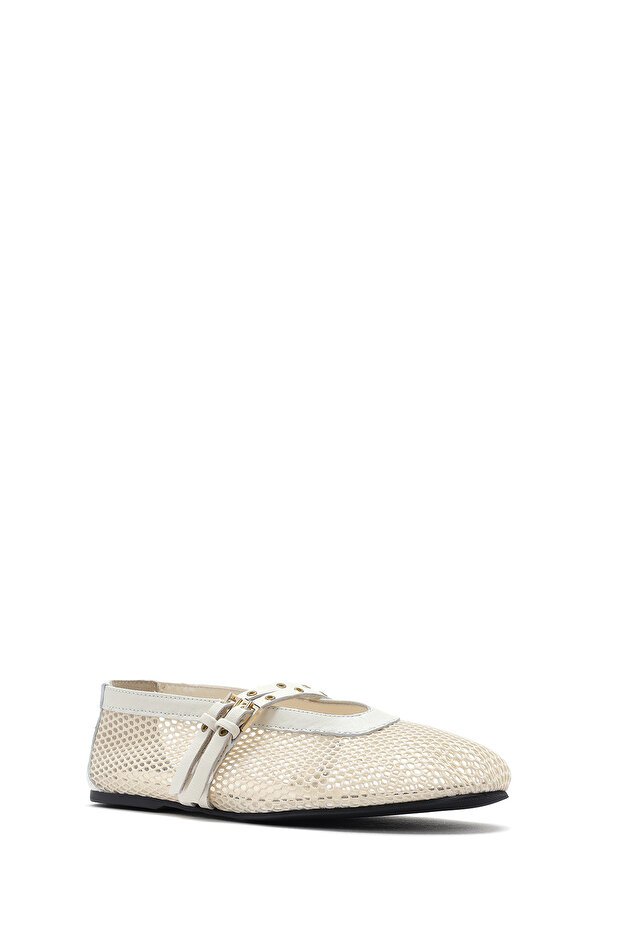 Kadın Bej Tokalı File Kumaş Babet, Yazlık Ayakkabı 25SFD18136F - 6