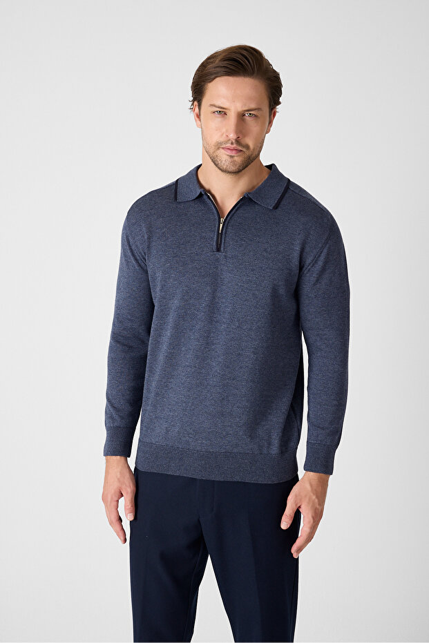 Solin Men's Navy Blue-Melange Italian Ribbed Zippered Cotton Sports Polo Collar