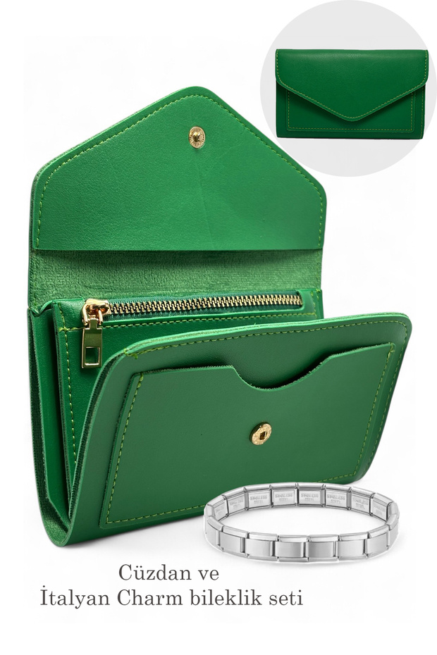 Women's Medium Size Envelope Model Wallet and Italian Charm Steel Bracelet Set