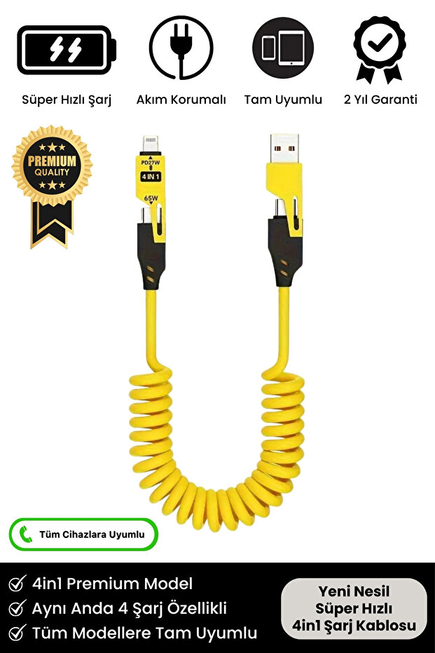 Süper Hızlı 65w 4in1 Turbo ve Hızlı Şarj Micro + Type-C + Lightning 3 Uçlu Premium Şarj Kablosu - 1