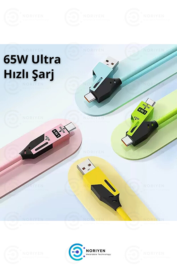 Süper Hızlı 65w 4in1 Turbo ve Hızlı Şarj Micro + Type-C + Lightning 3 Uçlu Premium Şarj Kablosu - 6