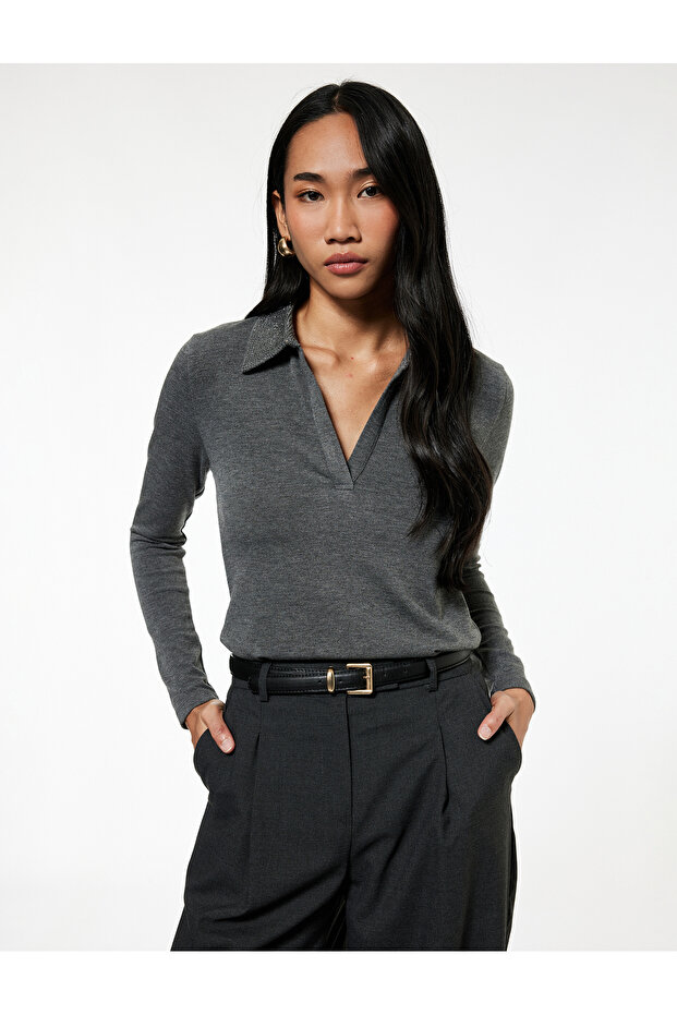 Long Sleeve Stone Detailed Polo Neck T-Shirt
