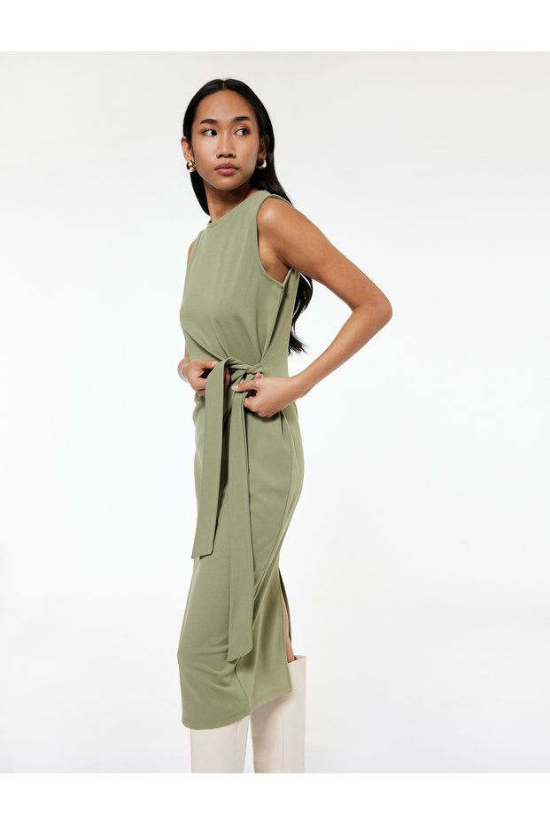 Crepe Fabric Crew Neck Sleeveless Midi Length Pencil Dress with Tie Detail