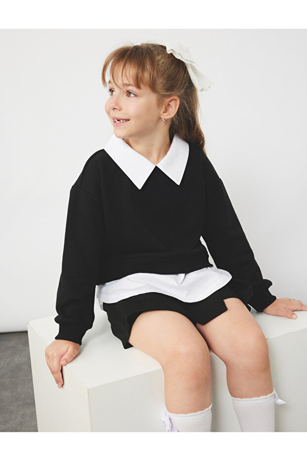Long Sleeve Sweatshirt with Shirt Collar Detail