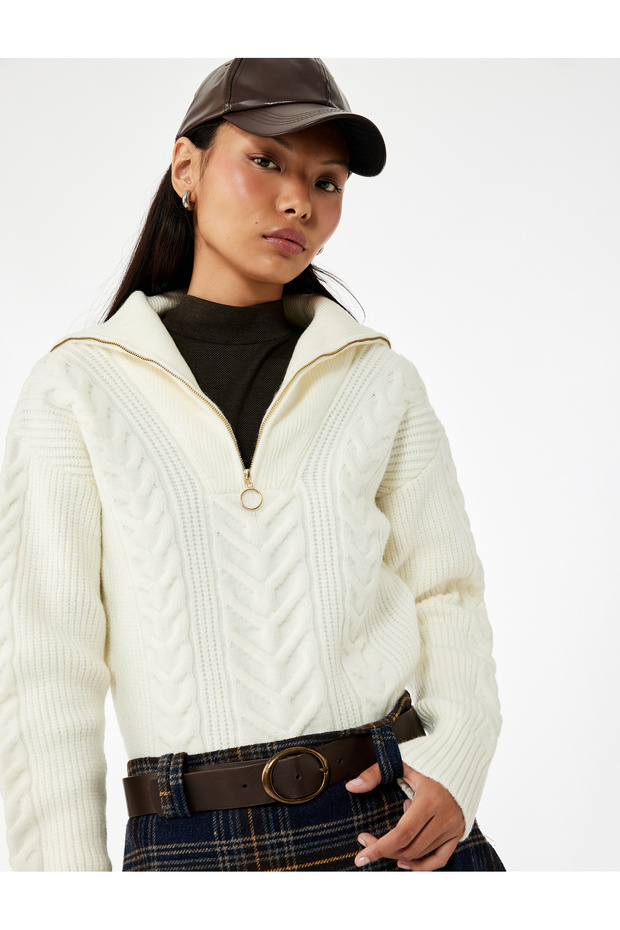 Hair Braid Textured Half Zipper Collar Long Sleeve Knitwear Sweater