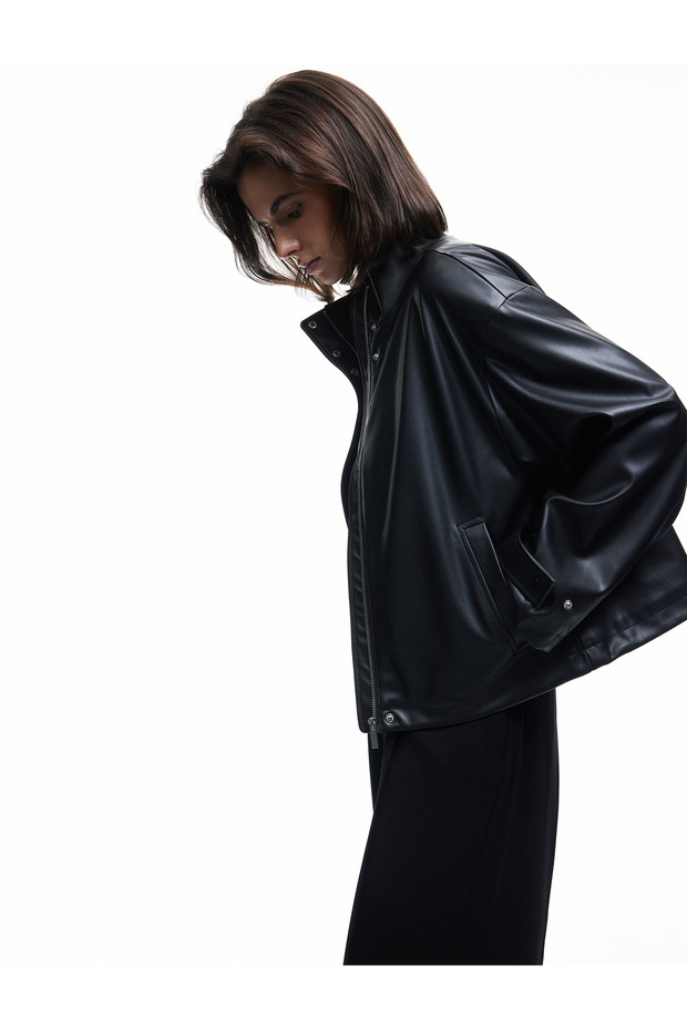 Lined Long Sleeve Stand Collar Zipper Faux Leather Jacket