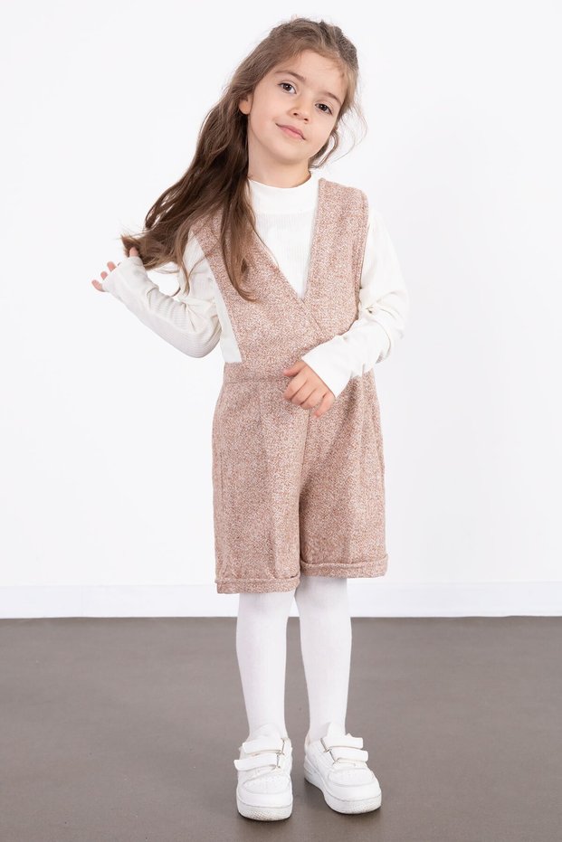 Brown Girl's Melange Cream Badili Salopet Suit 22693