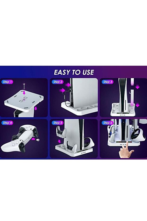 قاعدة تبريد متعددة الوظائف لوحدة تحكم PS5، ومقبض قاعدة شحن وخوذة وحامل أقراص الألعاب - 4