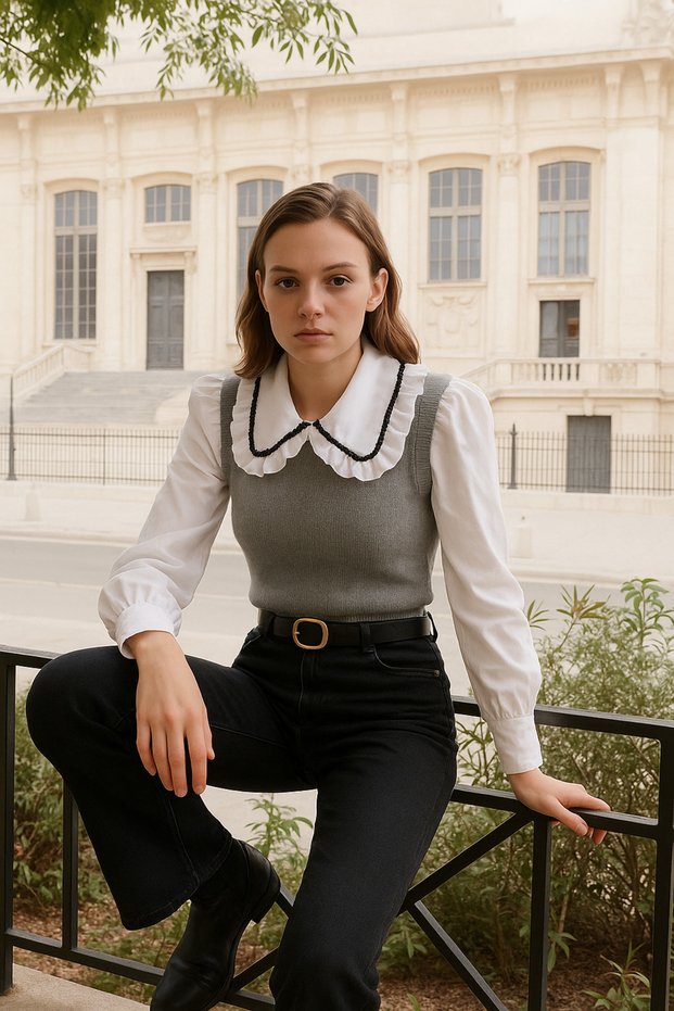Gray Knitwear Sweater with Bead Embroidered Shirt Detail on the Collar