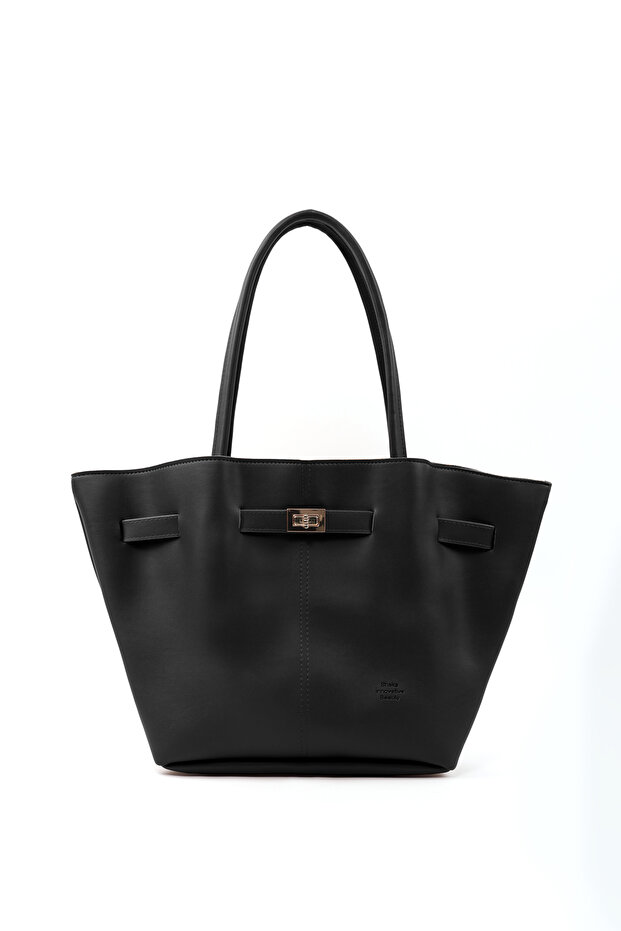 Black Shk159 Faux Leather, Lined, Snap Fasteners, Lock Detail, Hand, Arm and Shoulder Bag