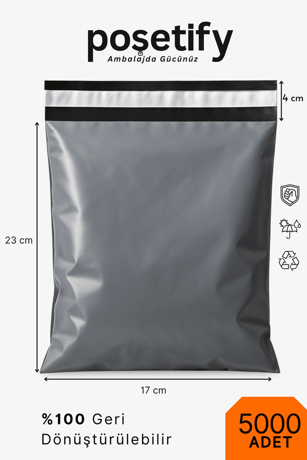 Cepsiz Kargo Poşeti 17X23x4 cm | 5000 Adet | E-Ticaret Poşeti | Gri | Yapışkan Bantlı Kargo Zarfı - 1