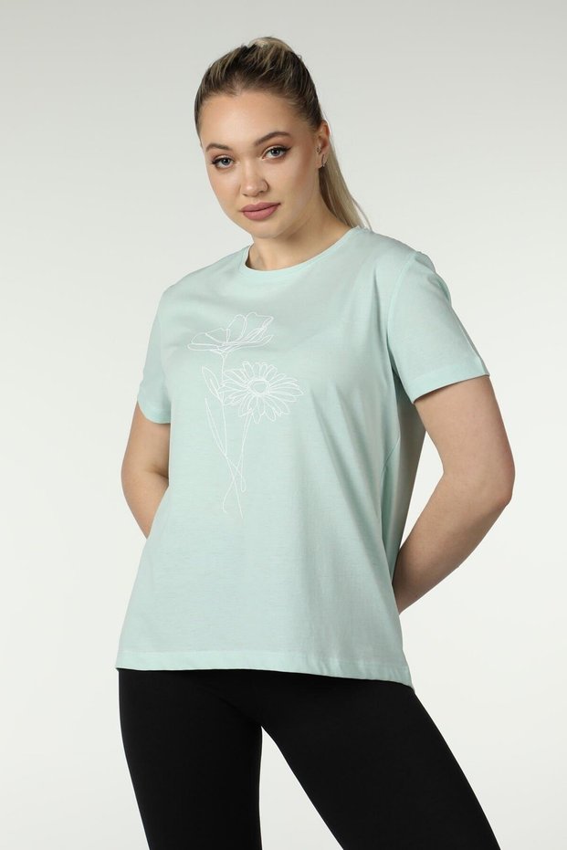 Women's Printed Short Sleeve Back Oval Crew Neck T-shirt Water Green