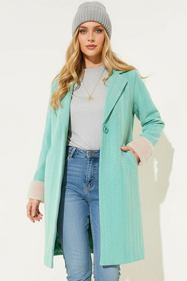 9145 Women's Fish Back Cashew Coat with Feather Sleeves - Green