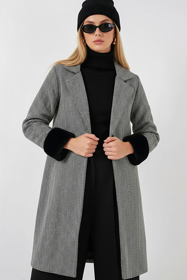 9145 Women's Fish Back Cashew Coat with Feather Sleeves - Black