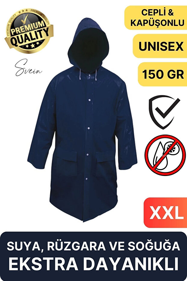 Premium Navy Blue XXL 150g Pocketed Raincoat with Hooded , Raincoat, Windproof and Cold Resistant, Unisex Snap-Fastened Button Overcoat