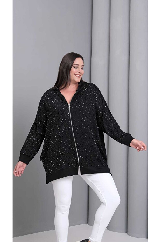Women's Crystal Fabric Front Zipper Sweatshirt with Stone Detail