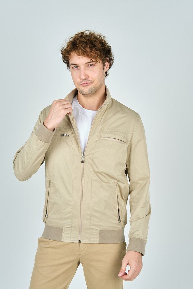 Men's Judge Collar Zippered Pocket Detailed Seasonal Sports Coat 4500 Stone