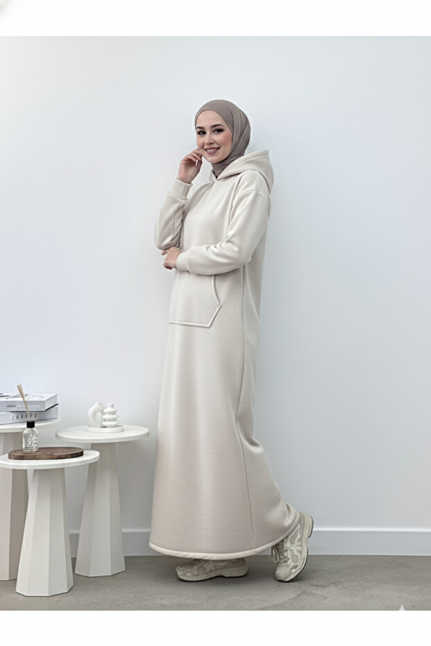 Kapüşonlu Taş Rengi Kışlık Sweat Elbise - 6