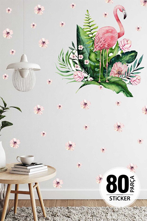 Flamingo and Flowers Wall Sticker Set, Flamingo Sticker Set Inside Tropical Plants