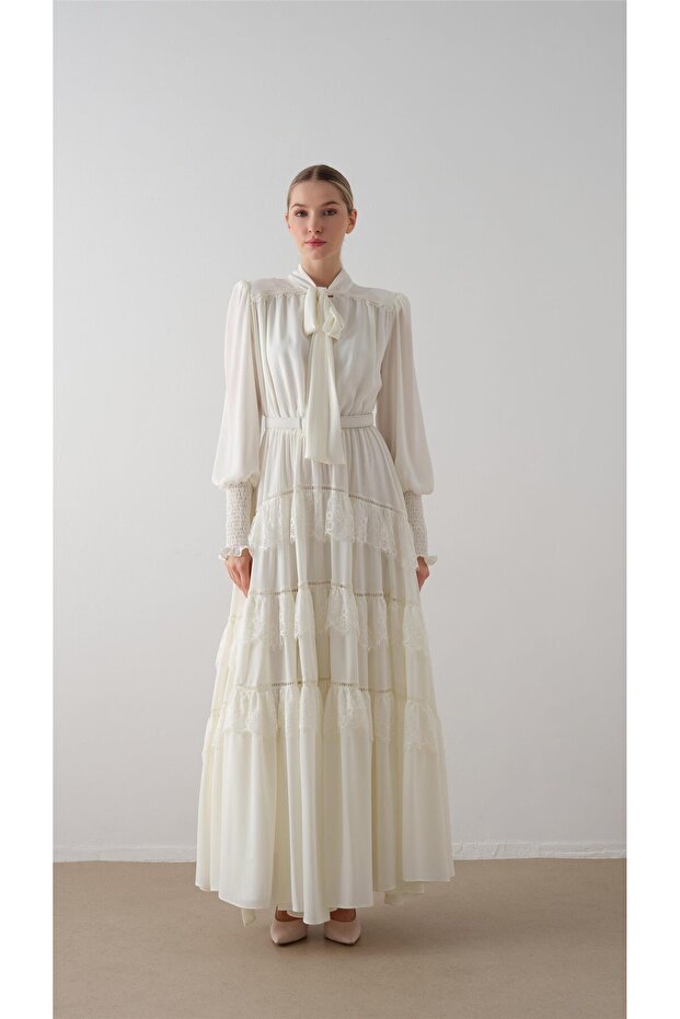 SKIRT FLOOR TIE GARNED LONG DRESS Ecru
