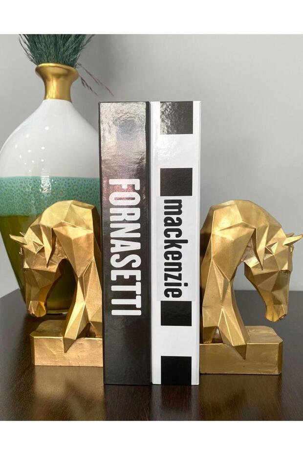 Decorative Book Holder Cubic Horse Figurine Set of 2 Gold Colored (Polyester)