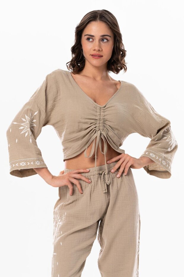 Long Sleeve Daylight Gather Detailed Summer Muslin Blouse Mink Vzn