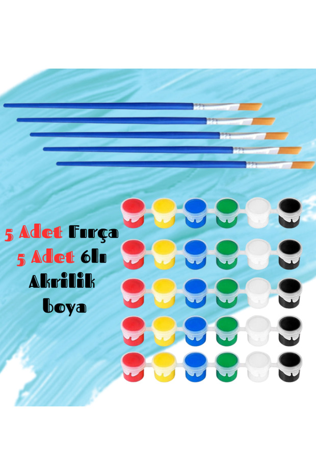 Akrilik Boya 3ml (6 Renk) Toplam 5 Paket Boya 5 Adet Fırça, Workshop, Etkinlik Boyama Seti - 1