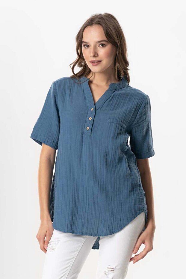 Short Sleeve Gülgün V-Neck Muslin Summer Blouse Indigo Indg