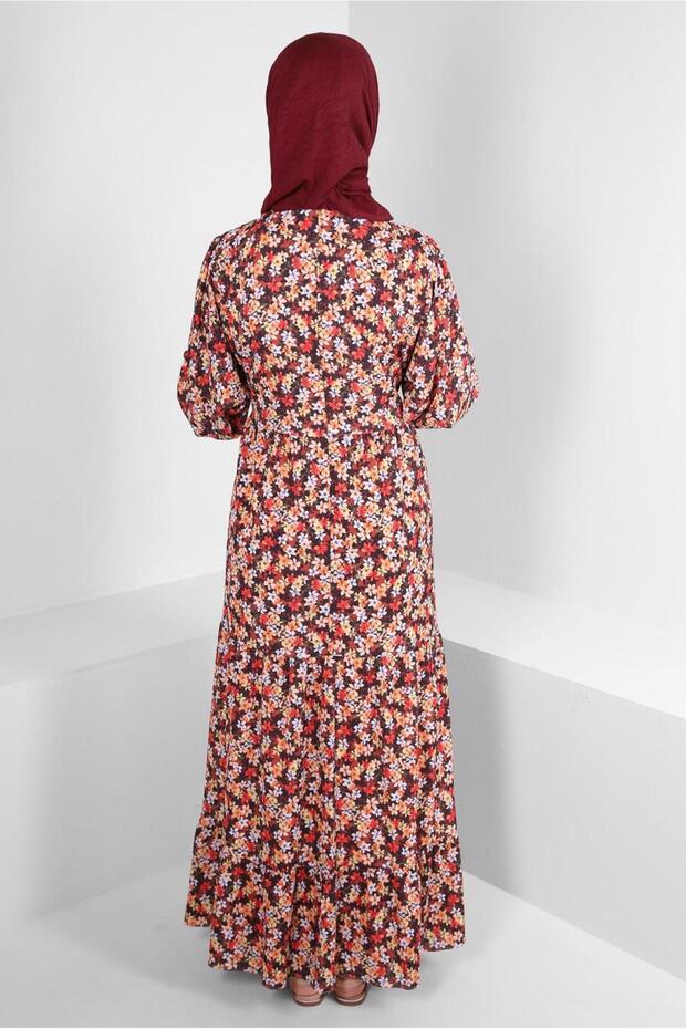 ÇİÇEK DESENLİ KUŞAKLI KREP ELBİSE 43658 - 3