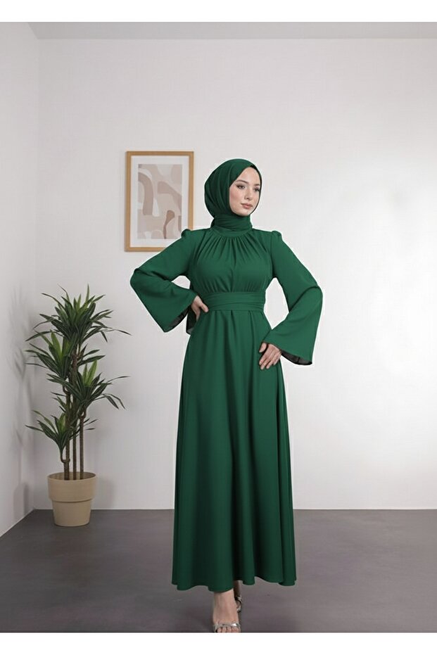 Spanish Sleeve Waist Wrapped Satin Hijab Evening Dress