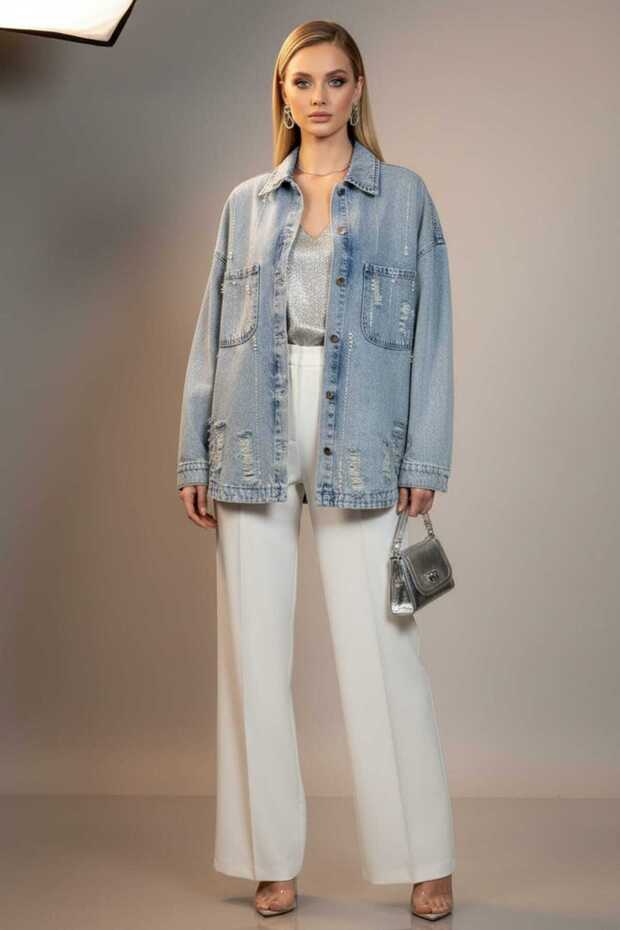 Women's Blue Pocketed Seasonal Jewelled Snap Fastener Long Denim Jacket A36-087
