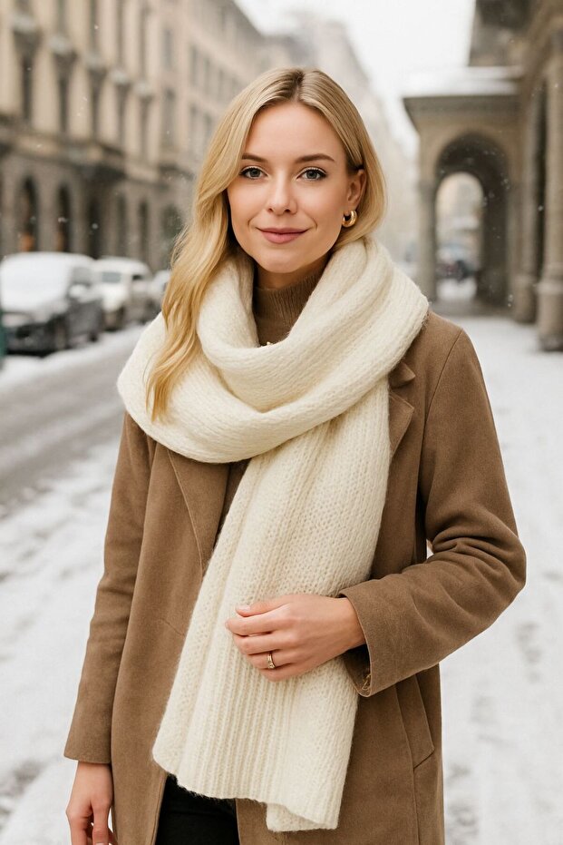 Ecru Knitted Thick Women's Shawl - 45X210 cm