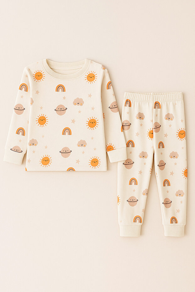 Çocuk Gezegen Desenli Pijama Takımı Ekru - 1