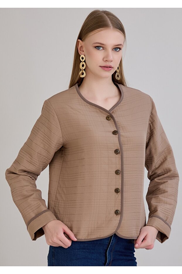 Women's Crew Neck Buttoned Seasonal Mink Quilted Coat