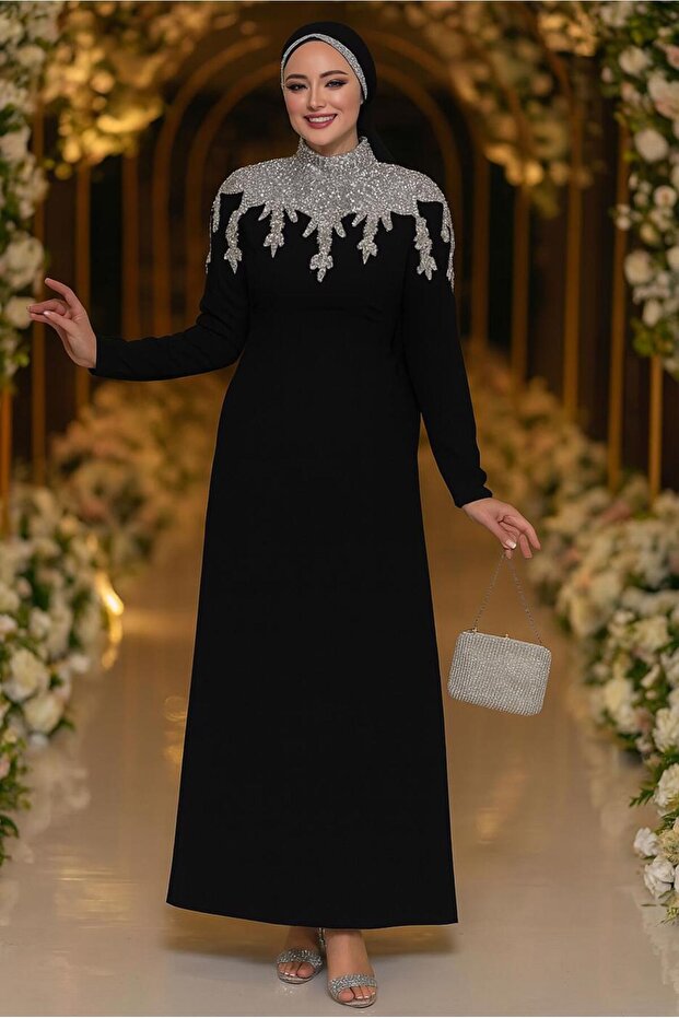 Women's Black Stone-Embellished Evening Dress t 6193