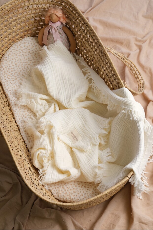 Muslin Cover & Blanket 4-Layer Fringed 100% Cotton Organic Oeko-Tex Certified 120X100 cm Cream