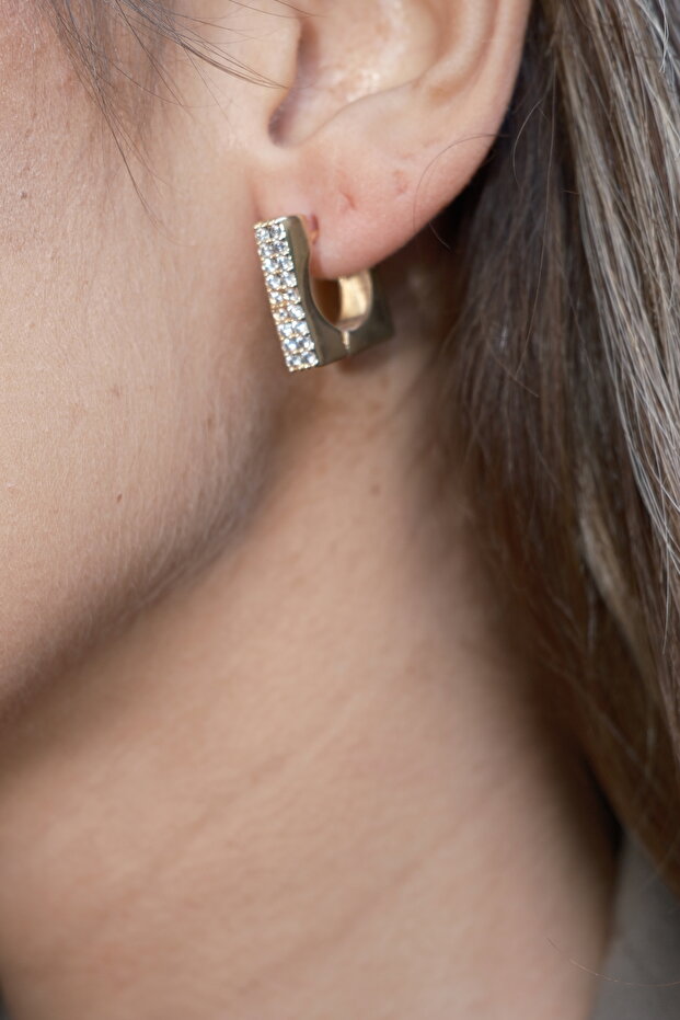 Steel Gold Stone Square Earrings