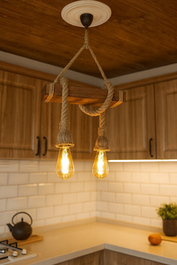 İkili Ahşap Jüt Halatlı Avize - 3