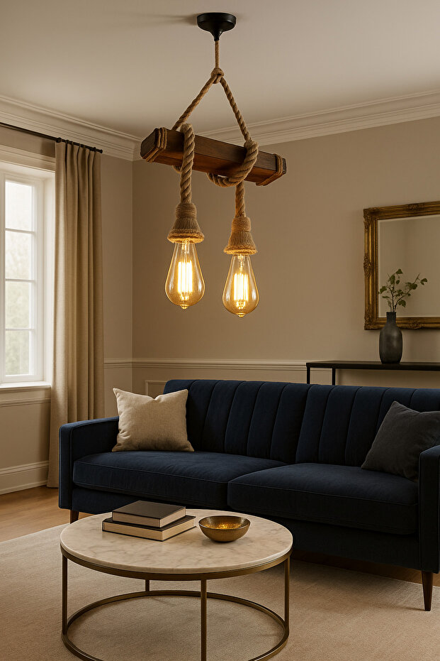 İkili Ahşap Jüt Halatlı Avize - 1