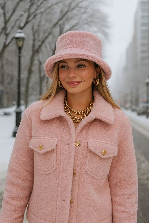Pink Soft Textured Plush Bucket Women's Hat