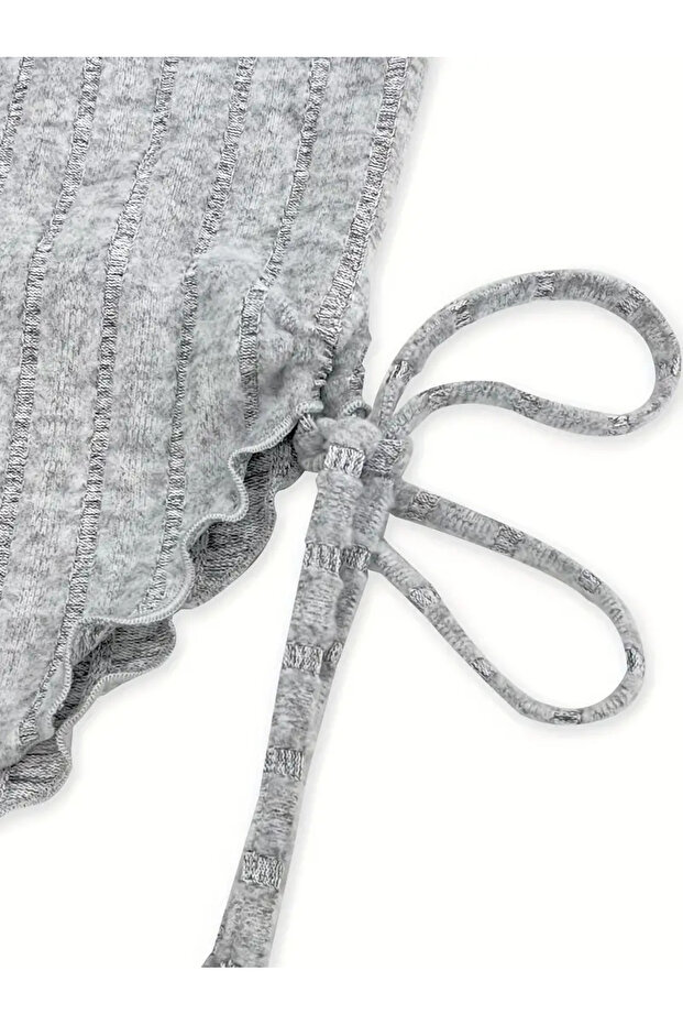 Grey Strapless Asymmetrical Lycra Side Drawstring Blouse Bottom Top Suit, Stretchy Fabric Gray Drawstring Strapless Suit - 5