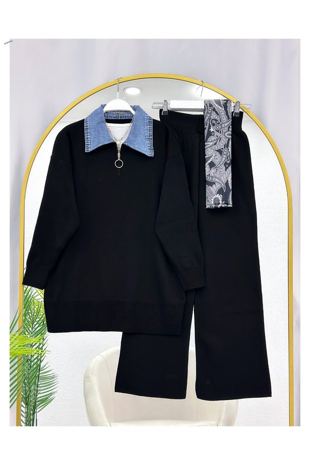 Denim Collar Half-Zip Knitwear Double Suit