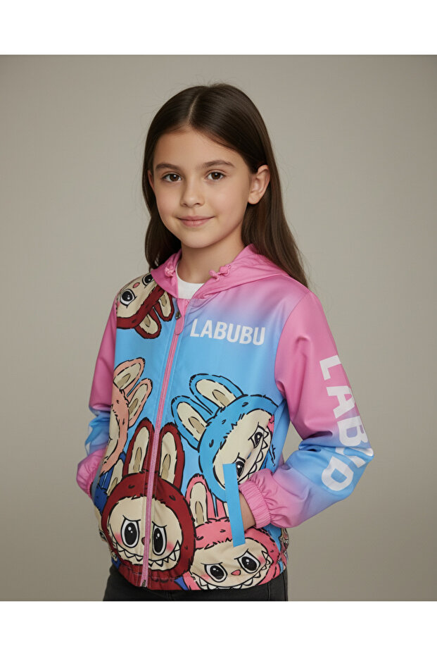 Girl's Labubu Character Printed Hooded Waterproof Raincoat