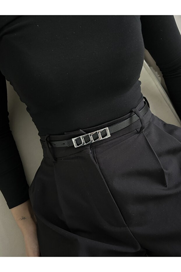 Icon Square Patterned Silver Buckle Model Women's Belt Waist Belt Coat Belt Dress Belt
