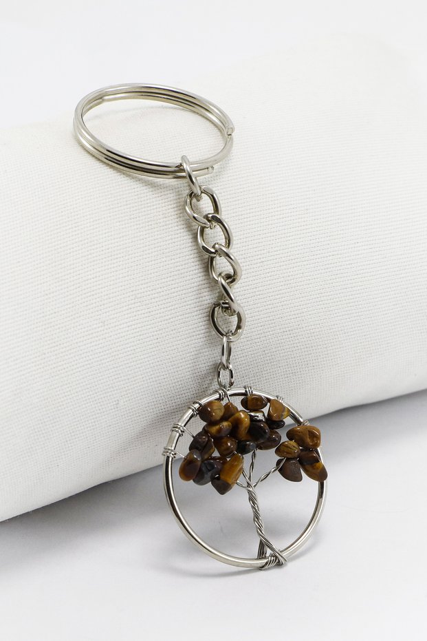 Silver Color Ringed Tiger's Eye Natural Stone Tree of Life Keychain, Stylish Bag Ornament for Gifts