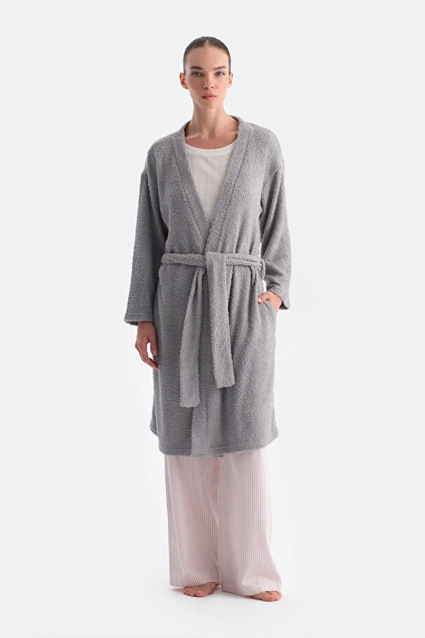 Açık Gri Uzun Kollu Şönil Örme Sabahlık - 1
