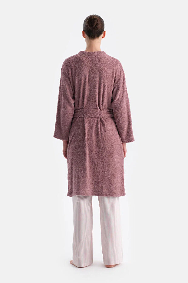 Gül Kurusu Uzun Kollu Şönil Örme Sabahlık - 2